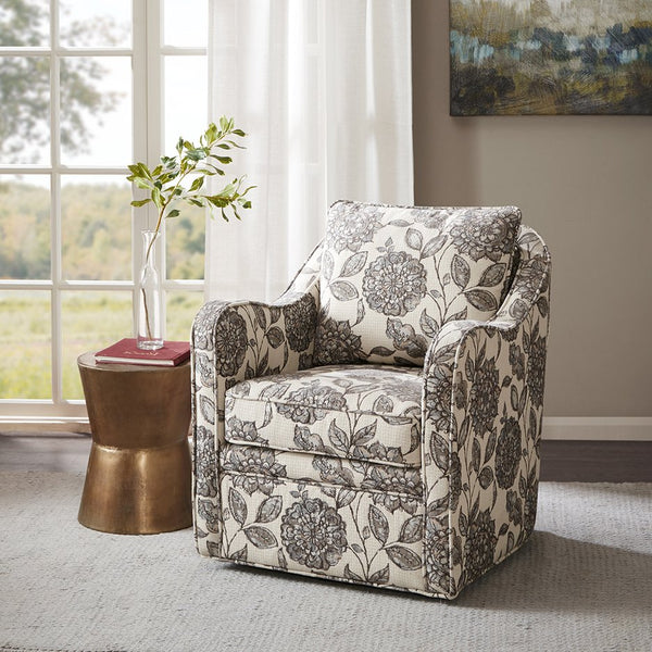 English Elm Brianne Wide Seat Swivel Arm Chair with Black Metal Base, Polyester Upholstery, Double Piping Trim B03548627