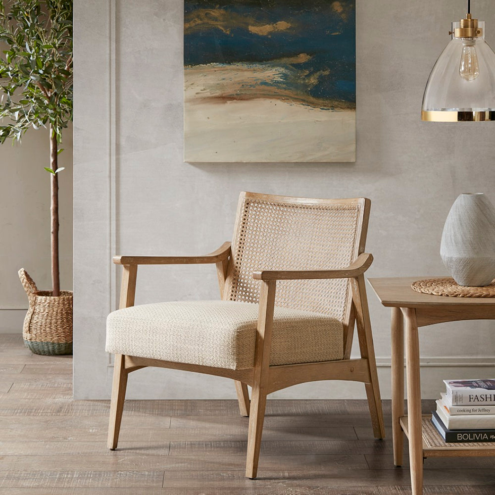 English Elm Accent Chair with Woven Cane Back Rubberwood Legs Mid-century Style for Living Room B03548361