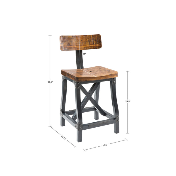 English Elm Counter Lancaster Industrial Counter Stool with Back – Solid Acacia Wood, Graphite Metal Rivet Accent, 300 lb Capacity B03548279