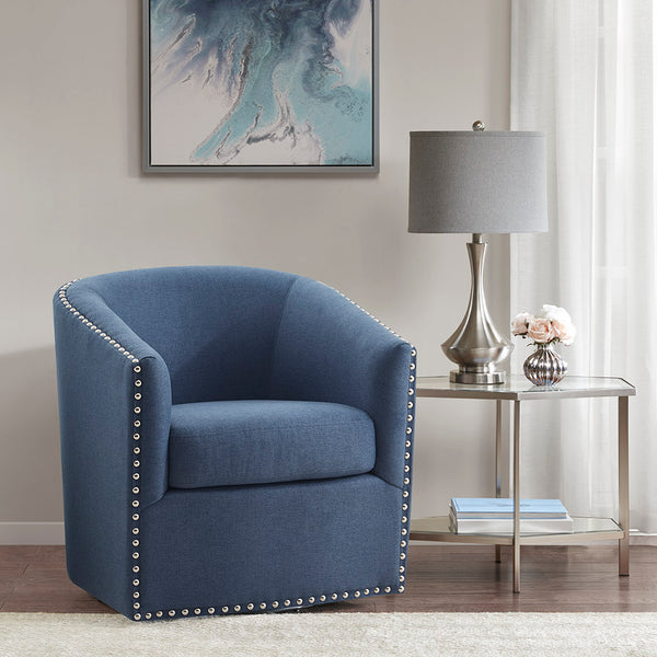 English Elm Tyler Blue Swivel Chair with Silver Nailhead Trim, Barrel Back, Foam Cushion & 360° Black Metal Base B03548672