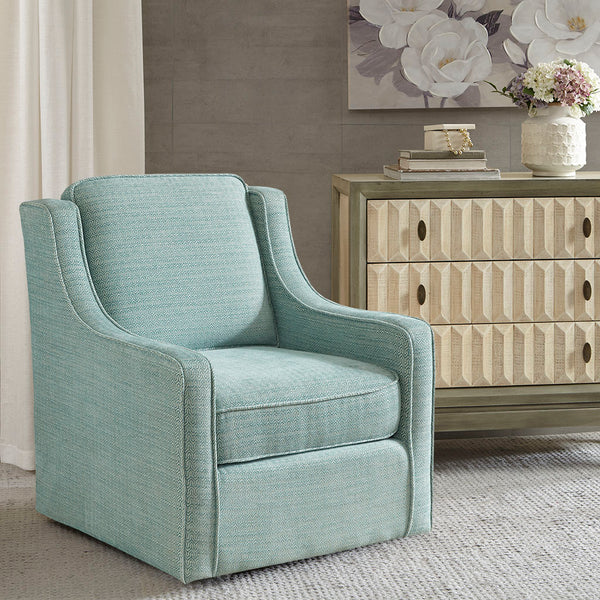 English Elm Harris Dusty Aqua Chenille Swivel Chair with Solid Wood Frame, Foam Cushion & Black Metal Base B03548645