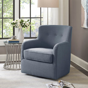 English Elm Adele Blue Tufted Swivel Chair with 360° Metal Base, Foam Cushion, Solid Wood Arms, 300 lb Capacity B03548662