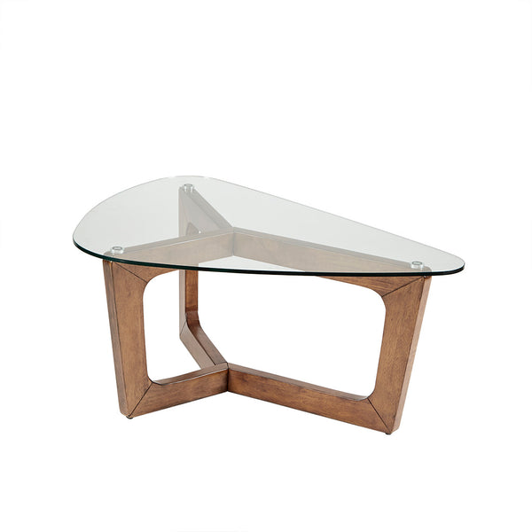 English Elm Coffee Walker Mid-Century Triangle Coffee Table with Pecan Wood Base & Tempered Glass Top, 42" B03548440