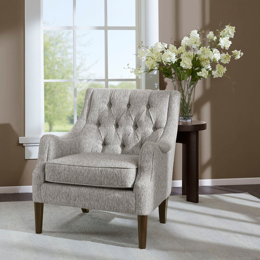 English Elm Button Tufted Upholstered Accent Chair with Morocco Wood Legs for Living Room Grey B03548268