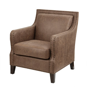 English Elm Shasta Solid Wood Accent Chair with Faux Leather Upholstery, Brass Nail Trim, Removable Foam Cushion B03548356