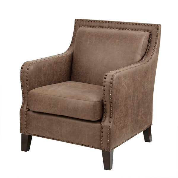 English Elm Shasta Solid Wood Accent Chair with Faux Leather Upholstery, Brass Nail Trim, Removable Foam Cushion B03548356