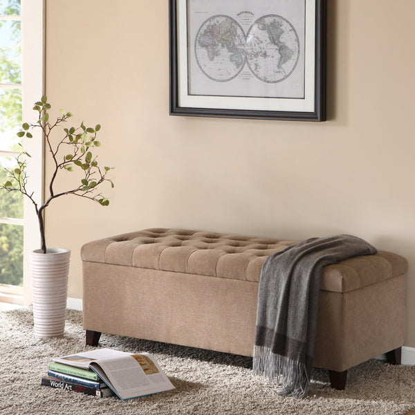 English Elm Tufted Button-Top Storage Bench with High-Density Foam Seat and Espresso Wood Legs, Elegant Accent Sand 20.08 L x 50.59 W x 15.95 H B03548181