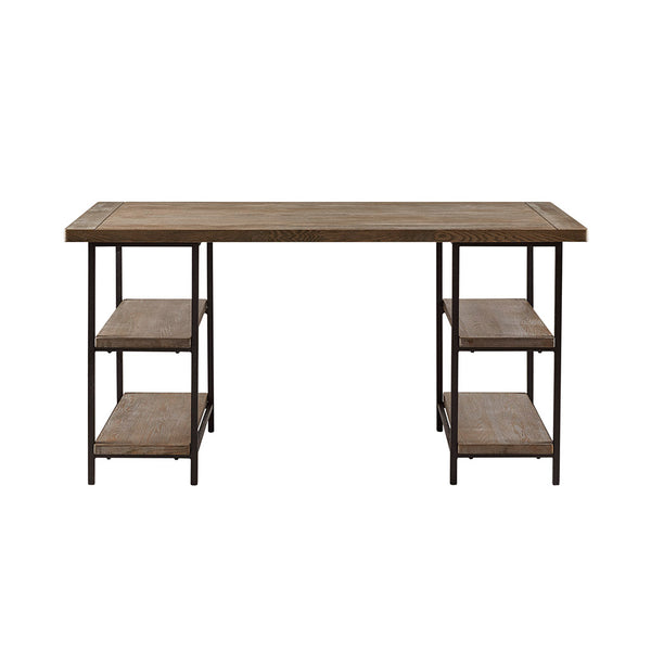 English Elm Desk Industrial Reclaimed Grey Hardwood and Metal Frame Accent Desk with Side Shelves, 60"W Workstation B03548154
