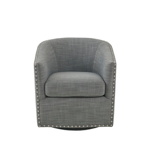 English Elm Tyler Swivel Chair with Grey Linen Blend Upholstery, Silver Nailhead Trim, 360° Black Metal Base B03548665