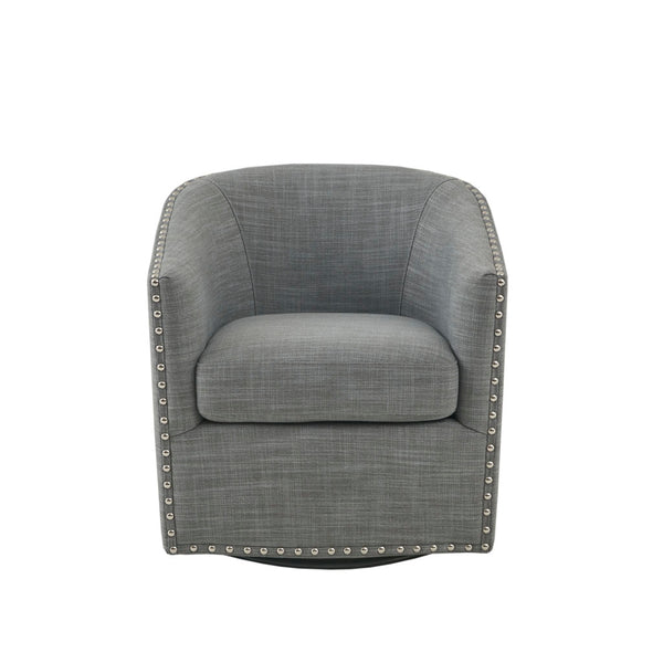 English Elm Tyler Swivel Chair with Grey Linen Blend Upholstery, Silver Nailhead Trim, 360° Black Metal Base B03548665