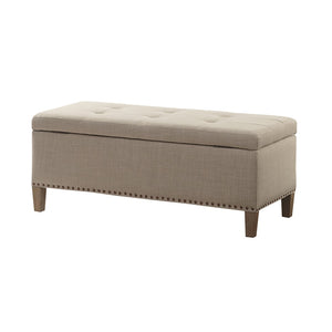 English Elm Tufted Storage Bench with Soft Close Lid Grey Linen Look Upholstery Nail Head Trim B03548308