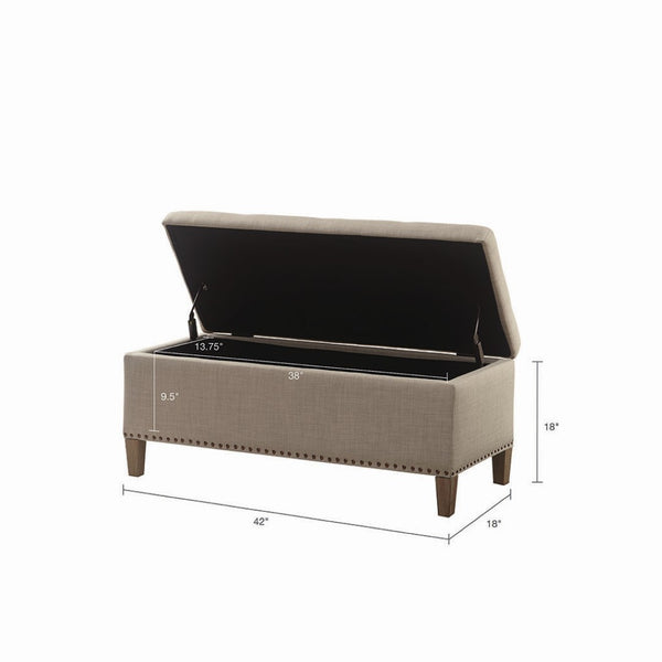 English Elm Tufted Storage Bench with Soft Close Lid Grey Linen Look Upholstery Nail Head Trim B03548308