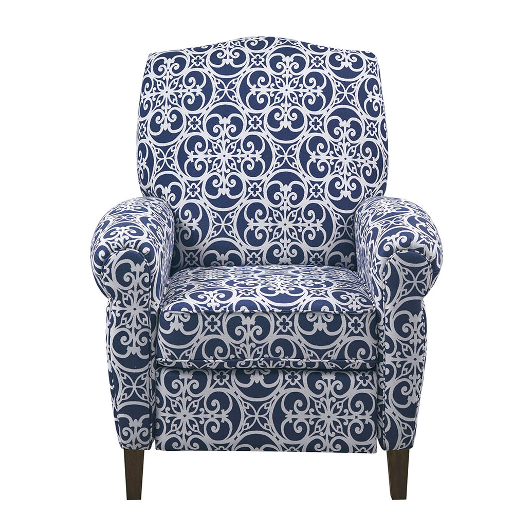 English Elm Kirby Navy Fretwork Push-Back Recliner Chair with Rolled Arms, Solid Wood Legs, Removable Cushion B03548664