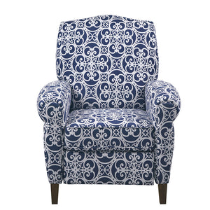 English Elm Kirby Navy Fretwork Push-Back Recliner Chair with Rolled Arms, Solid Wood Legs, Removable Cushion B03548664