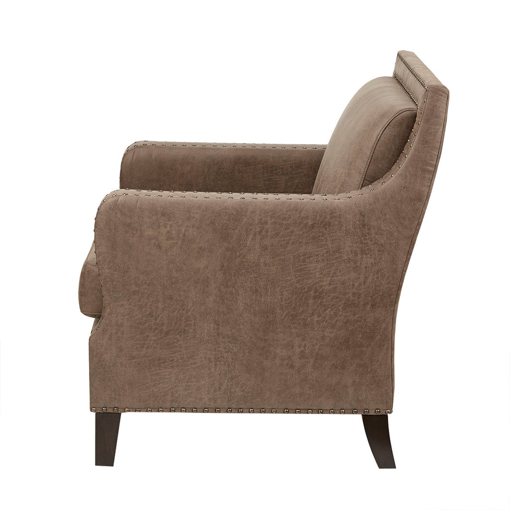 English Elm Shasta Solid Wood Accent Chair with Faux Leather Upholstery, Brass Nail Trim, Removable Foam Cushion B03548356