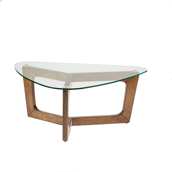 English Elm Coffee Walker Mid-Century Triangle Coffee Table with Pecan Wood Base & Tempered Glass Top, 42" B03548440