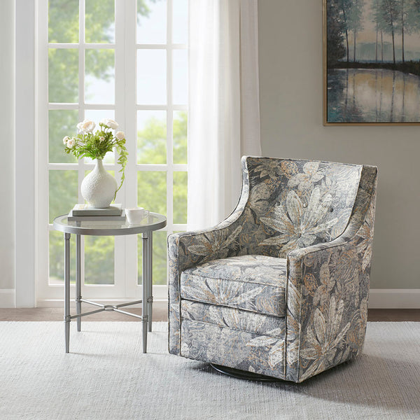 English Elm Alana Curve Back Swivel Glider Chair — Tufted Blue Upholstery, Solid Wood Arms, 360° Smooth Motion B03548647