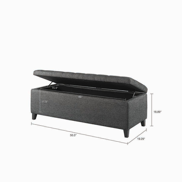 English Elm Tufted Upholstered Storage Bench with Soft Close Lid and Tapered Birch Legs B03548309