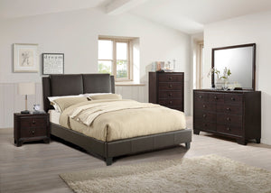 English Elm California King Faux Leather Bed Frame with Two-Panel Upholstered Headboard, Modern Brown Elegance B011S00106