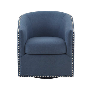English Elm Tyler Blue Swivel Chair with Silver Nailhead Trim, Barrel Back, Foam Cushion & 360° Black Metal Base B03548672