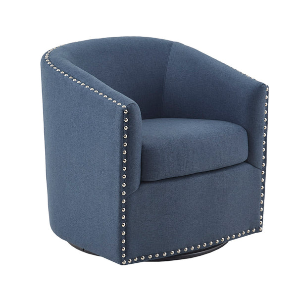 English Elm Tyler Blue Swivel Chair with Silver Nailhead Trim, Barrel Back, Foam Cushion & 360° Black Metal Base B03548672