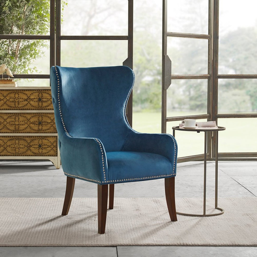 English Elm Button Tufted Wingback Accent Chair with Nailhead Trim and Espresso Legs B03548252