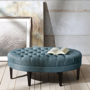 English Elm Surfboard Tufted Ottoman with Button Top, Oval Upholstered Footrest, Solid Wood Legs, 48"W x 18"H B03548305