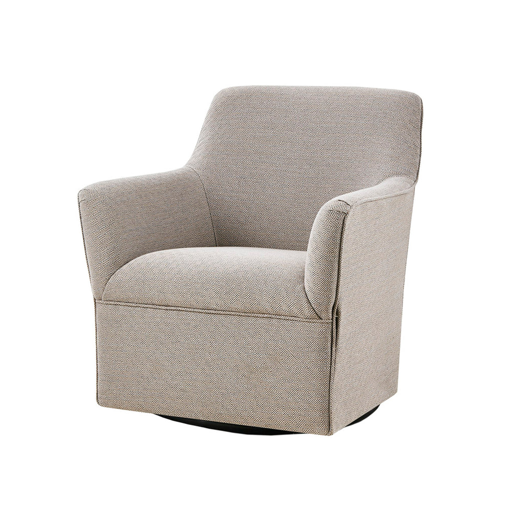 English Elm Augustine Swivel Glider Chair — Grey Upholstered 360° Metal Glider Base, Flared Arms, Foam Seat Comfort B03548650