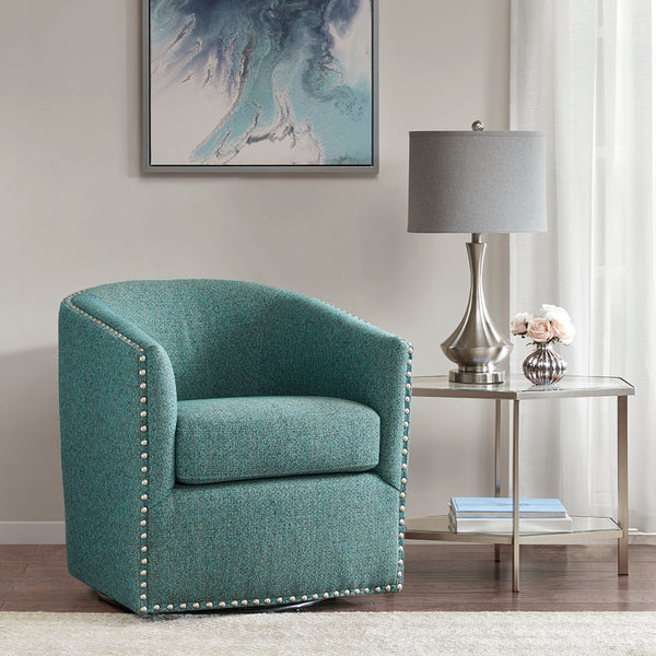 English Elm Tyler Teal Swivel Chair with Pewter Nailhead Trim, High-Density Foam Cushion & Black Metal Base B03548646
