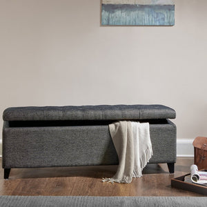 English Elm Tufted Upholstered Storage Bench with Soft Close Lid and Tapered Birch Legs B03548309