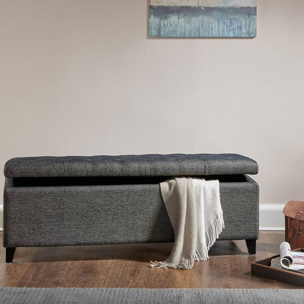 English Elm Tufted Upholstered Storage Bench with Soft Close Lid and Tapered Birch Legs B03548309
