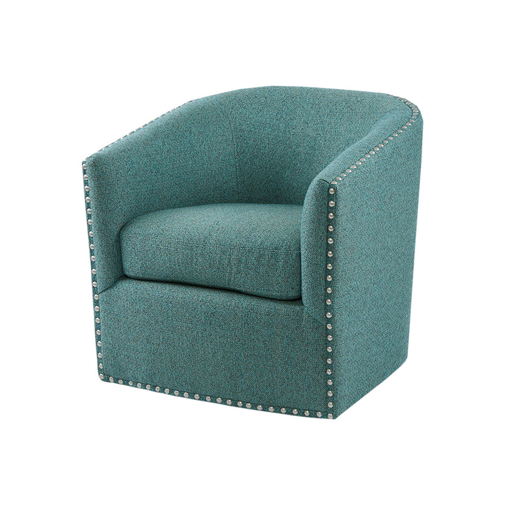 English Elm Tyler Teal Swivel Chair with Pewter Nailhead Trim, High-Density Foam Cushion & Black Metal Base B03548646