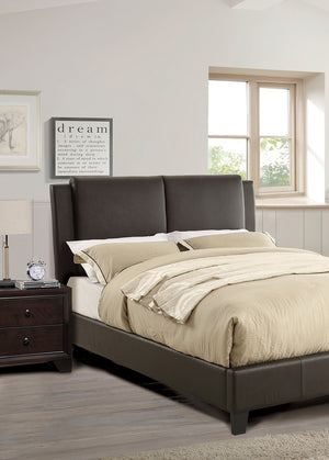 English Elm California King Faux Leather Bed Frame with Two-Panel Upholstered Headboard, Modern Brown Elegance B011S00106