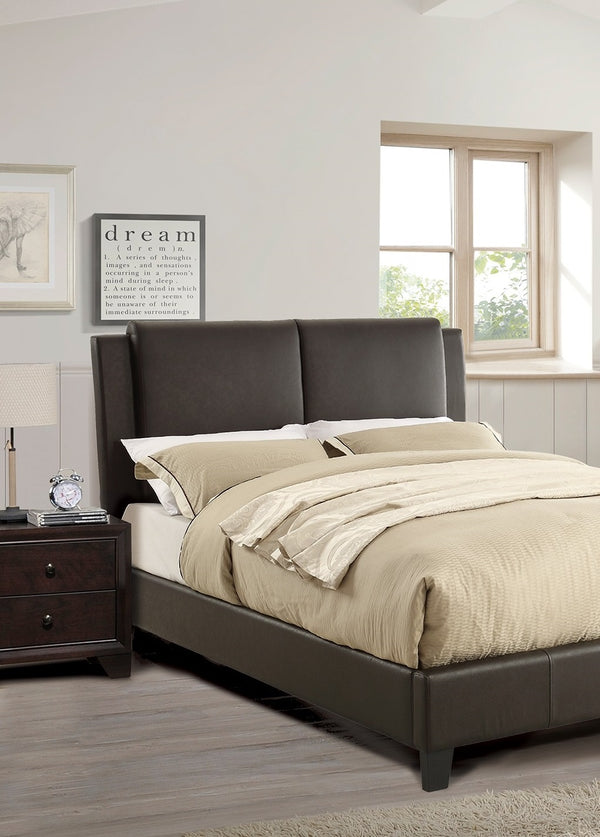 English Elm California King Faux Leather Bed Frame with Two-Panel Upholstered Headboard, Modern Brown Elegance B011S00106