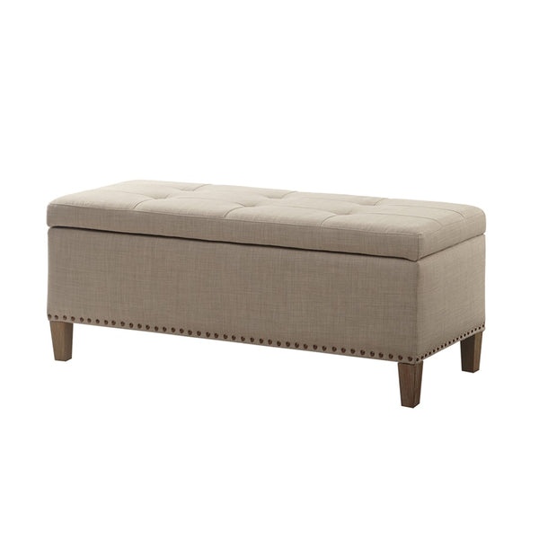 English Elm Tufted Storage Bench with Soft Close Lid Grey Linen Look Upholstery Nail Head Trim B03548308
