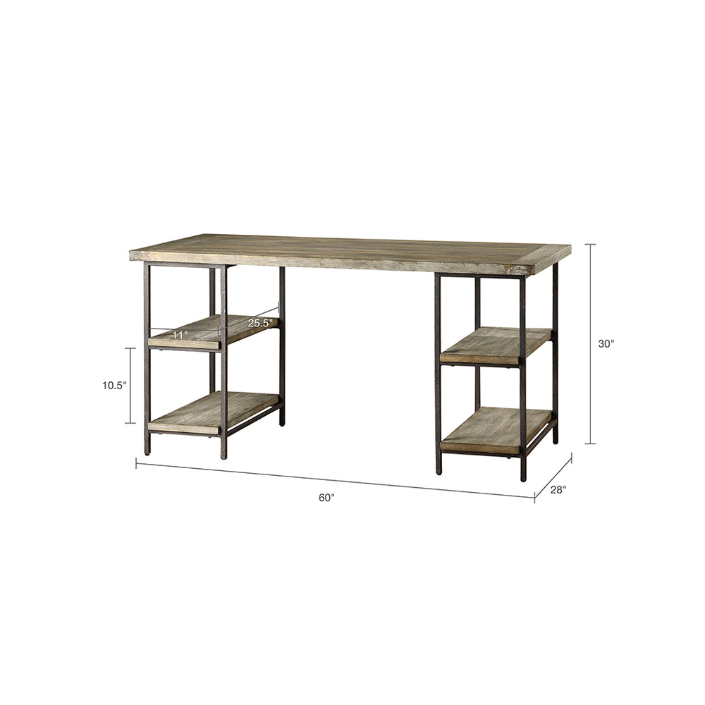English Elm Desk Industrial Reclaimed Grey Hardwood and Metal Frame Accent Desk with Side Shelves, 60"W Workstation B03548154