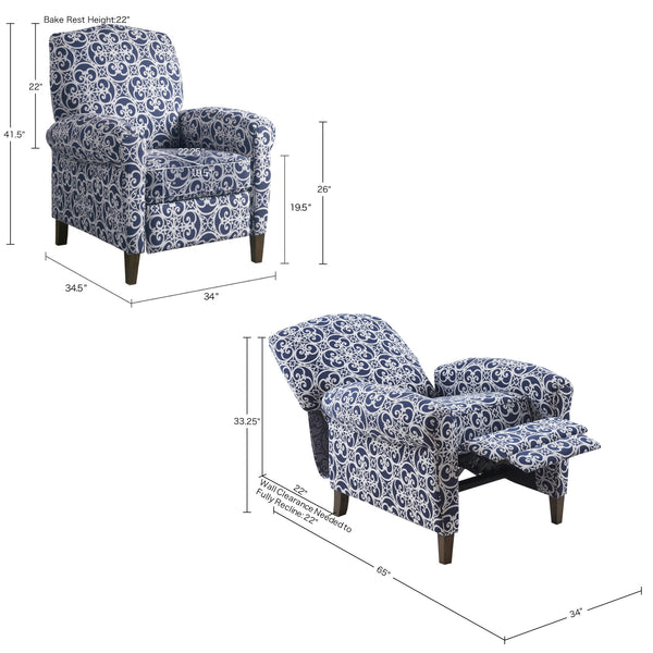 English Elm Kirby Navy Fretwork Push-Back Recliner Chair with Rolled Arms, Solid Wood Legs, Removable Cushion B03548664