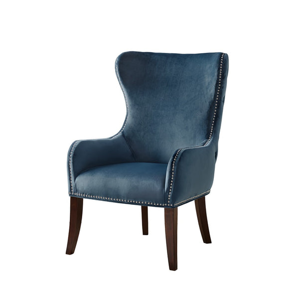 English Elm Button Tufted Wingback Accent Chair with Nailhead Trim and Espresso Legs B03548252