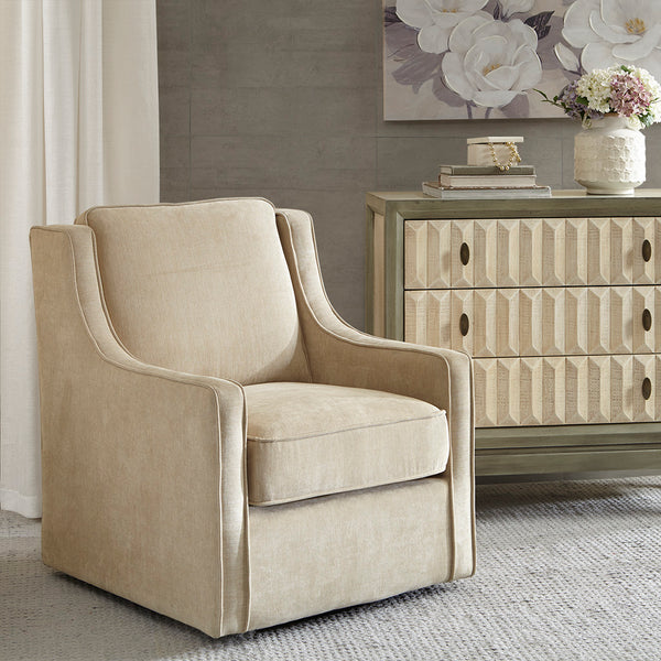 English Elm Harris Cream Upholstered Swivel Chair with High‑Density Foam, Solid Wood Frame & Black Metal Base B03548635