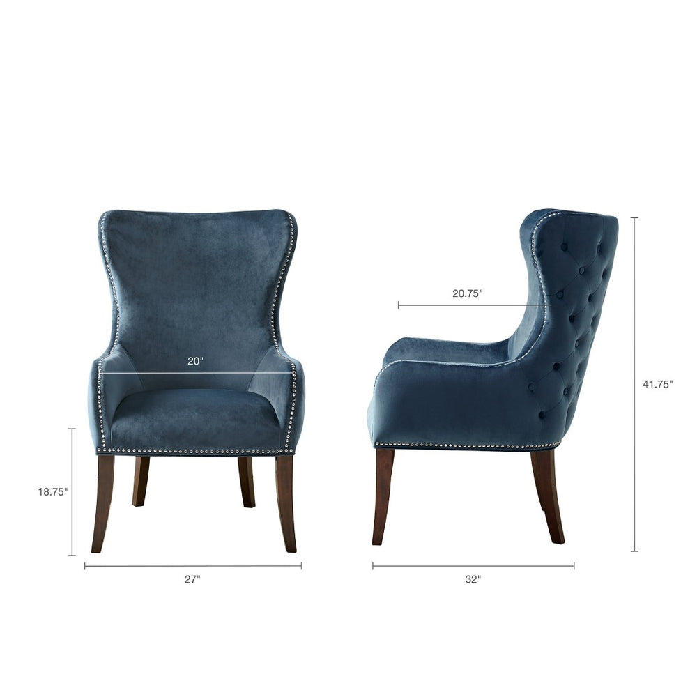 English Elm Button Tufted Wingback Accent Chair with Nailhead Trim and Espresso Legs B03548252
