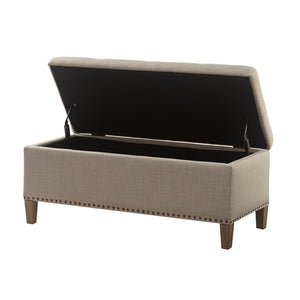 English Elm Tufted Storage Bench with Soft Close Lid Grey Linen Look Upholstery Nail Head Trim B03548308