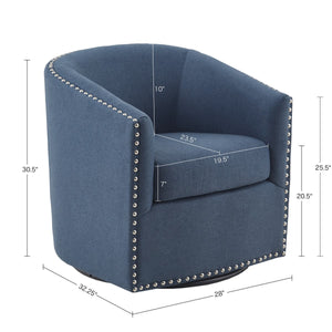 English Elm Tyler Blue Swivel Chair with Silver Nailhead Trim, Barrel Back, Foam Cushion & 360° Black Metal Base B03548672