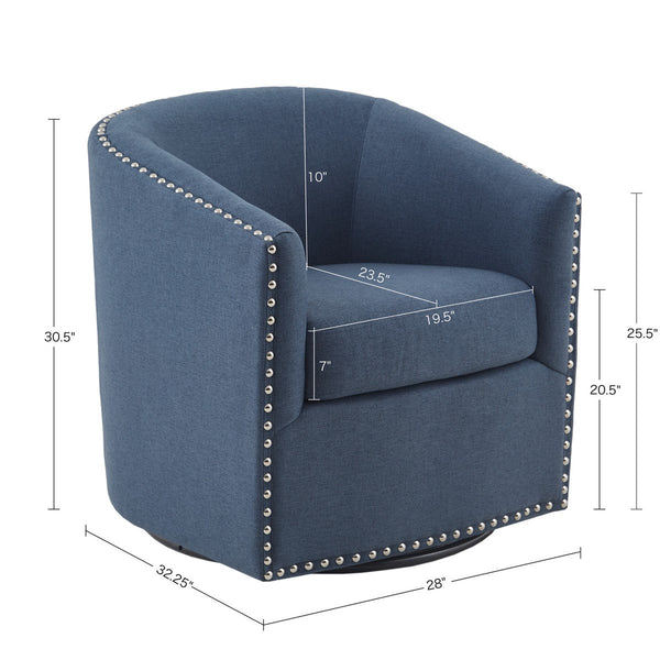 English Elm Tyler Blue Swivel Chair with Silver Nailhead Trim, Barrel Back, Foam Cushion & 360° Black Metal Base B03548672