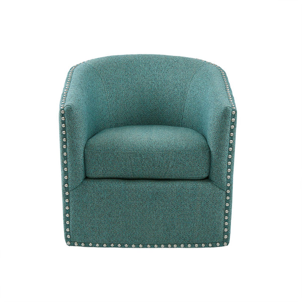English Elm Tyler Teal Swivel Chair with Pewter Nailhead Trim, High-Density Foam Cushion & Black Metal Base B03548646