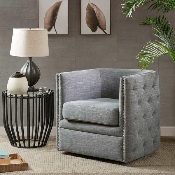 English Elm Capstone Tufted Swivel Chair with Nailhead Trim, Linen-Blend Upholstery, High-Density Foam Comfort B03548628
