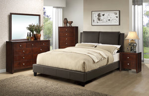 English Elm California King Faux Leather Bed Frame with Two-Panel Upholstered Headboard, Modern Brown Elegance B011S00106