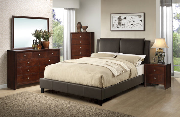 English Elm California King Faux Leather Bed Frame with Two-Panel Upholstered Headboard, Modern Brown Elegance B011S00106