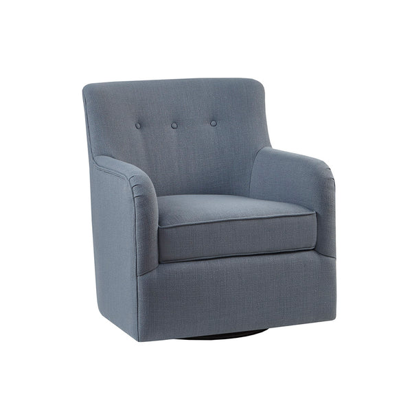 English Elm Adele Blue Tufted Swivel Chair with 360° Metal Base, Foam Cushion, Solid Wood Arms, 300 lb Capacity B03548662