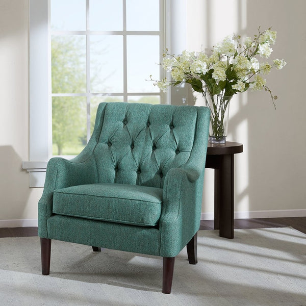 English Elm Button Tufted Upholstered Accent Chair with Morocco Wood Legs for Living Room Teal B03548267