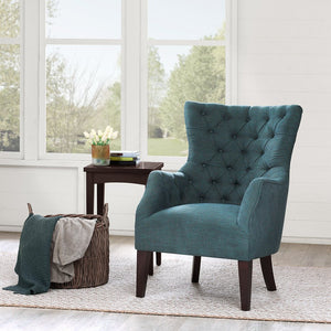 English Elm Hannah Button tufted wing chair with birch espresso legs, luxe linen-blend upholstery, high-density foam comfort Dark Green 32.8 L x 33.8 W x 29.9 H B03548235
